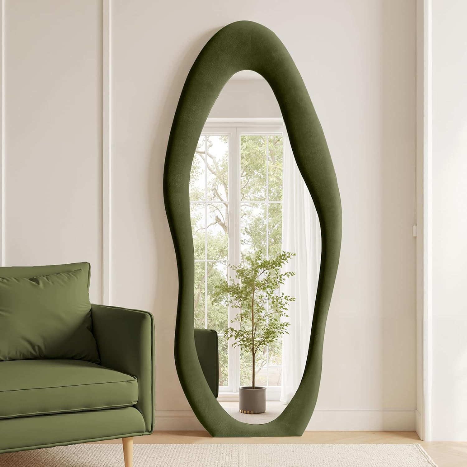 Anpark Full Length Mirror, 71"x 30" Wall Mirror, Flannel Wrapped Wooden Frame Floor Mirror, Irregular Wavy Hanging or Leaning for Bedroom Living Room Cloakroom, Green