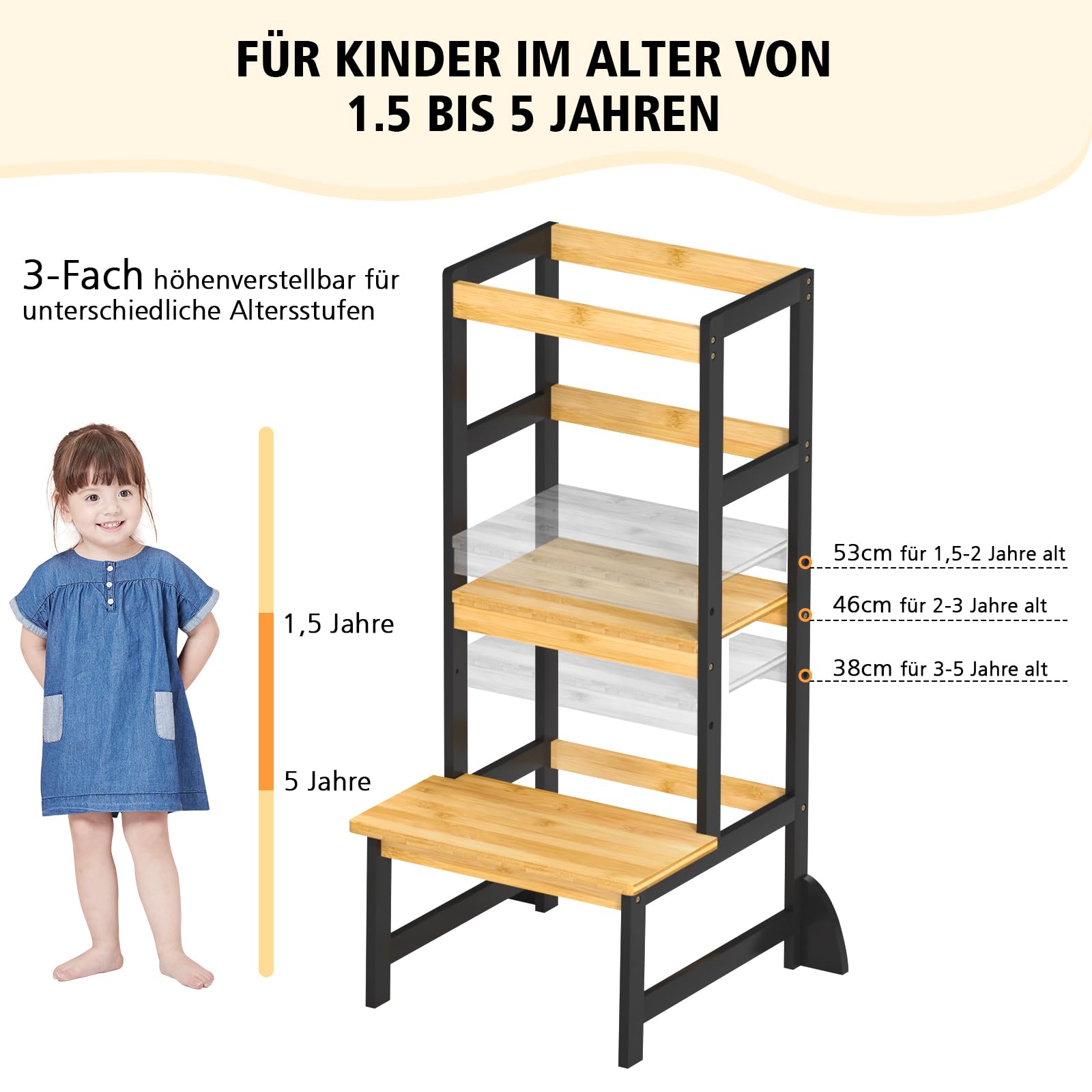 Lernturm ab 1 Jahr für Kinder aus Bambus | Kippschutz, Höhenverstellbar,Für Küche,Tisch,Bad