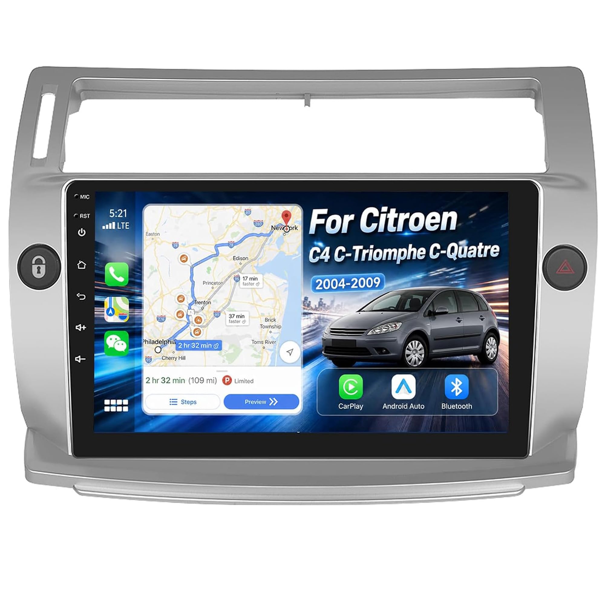 CAMECHO Android 15 Radio 2 DIN para Citroen C4 C-Triomphe C-Quatre 2004-2009, Radio de Coche con Pantalla de 9 Pulgadas, Bluetooth FM/RDS Mirror Link WiFi SWC