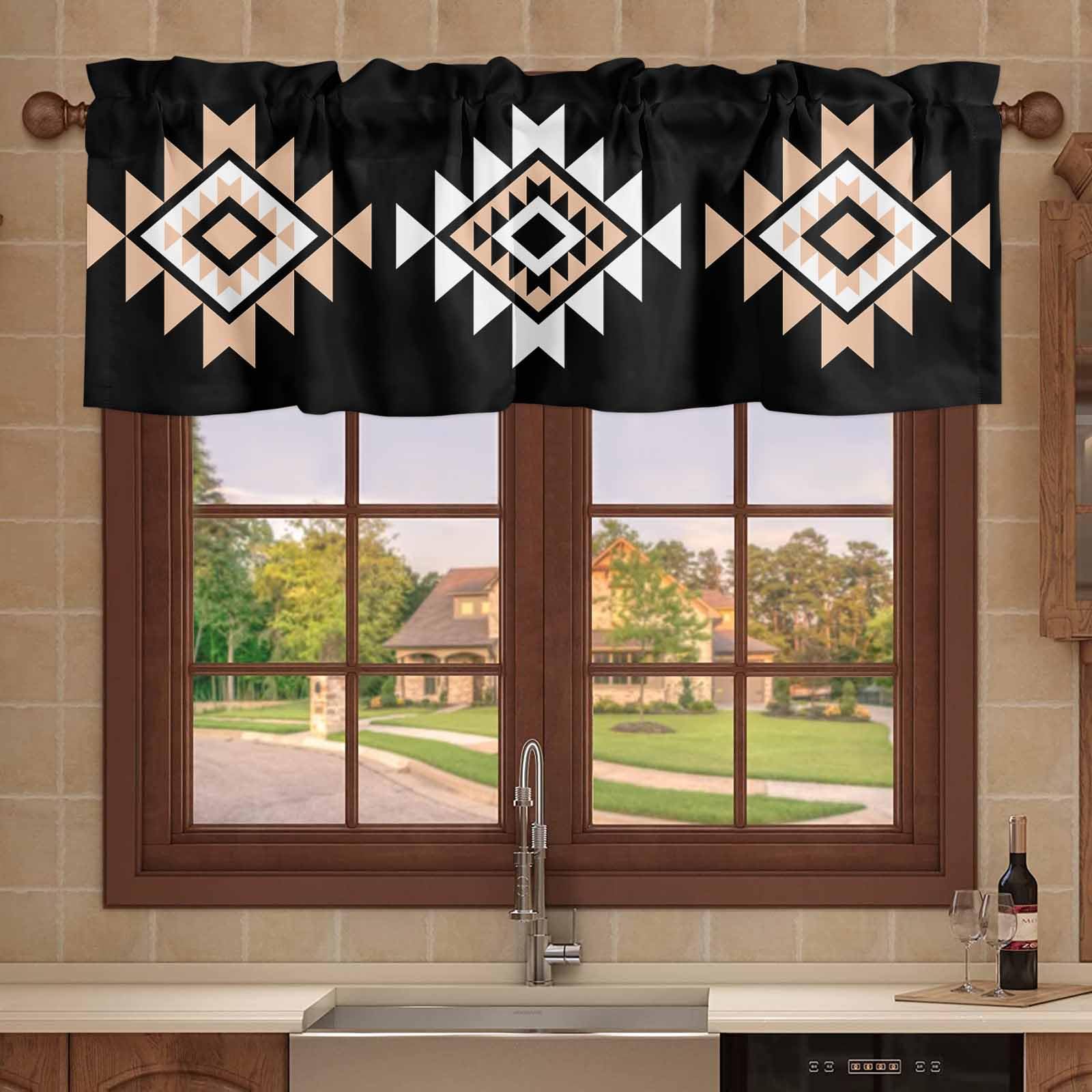 Window Valance for Kitchen,Aztec Boho Tribal Pattern Black Rod Pocket Curtain Valances Short Curtains Drapes Panel,Abstract Geometric Art Window