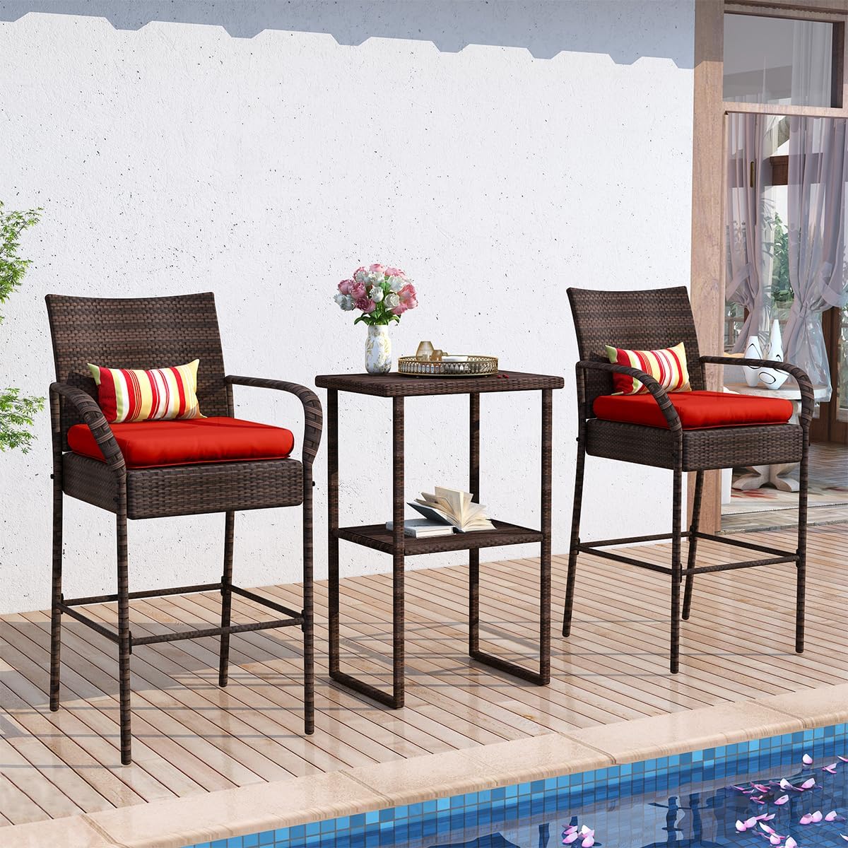 Sundale Outdoor Wicker Bar Stool Set of 2, Patio Counter Height Pub Chair with Arms, High Top Rattan Barstool, Cushion Red, All-Weather Outdoor Rattan Furniture - Steel, Brown