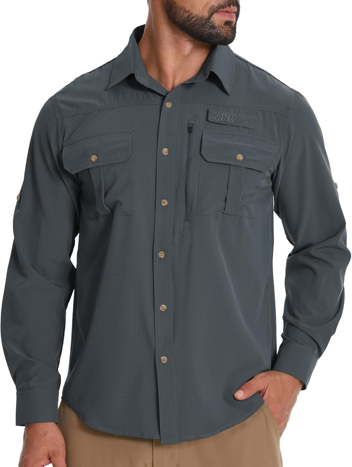 Men's Fishing Shirts with Zipper Pockets Sun Protection UPF 50+ Quick Dry Long Sleeve Hiking Shirt for Travel Safari - Image 2