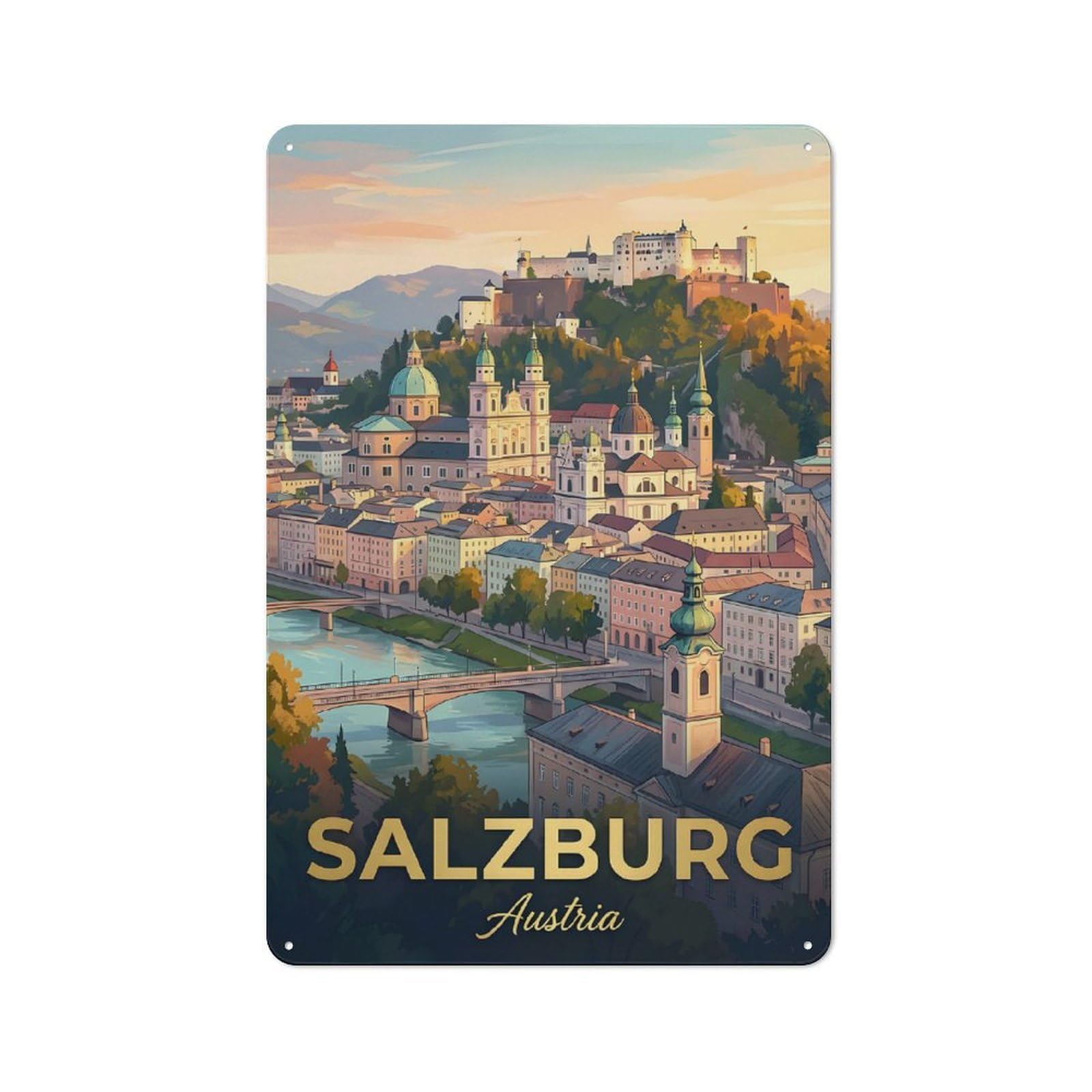 Junmoney Style-4 Workshop Style Garage Metal Sign 30X20cm Featuring Salzburg Austria Cityscape With Fortress, Industrial Wall Art For Workshop, Basement, Shed Or Games Room