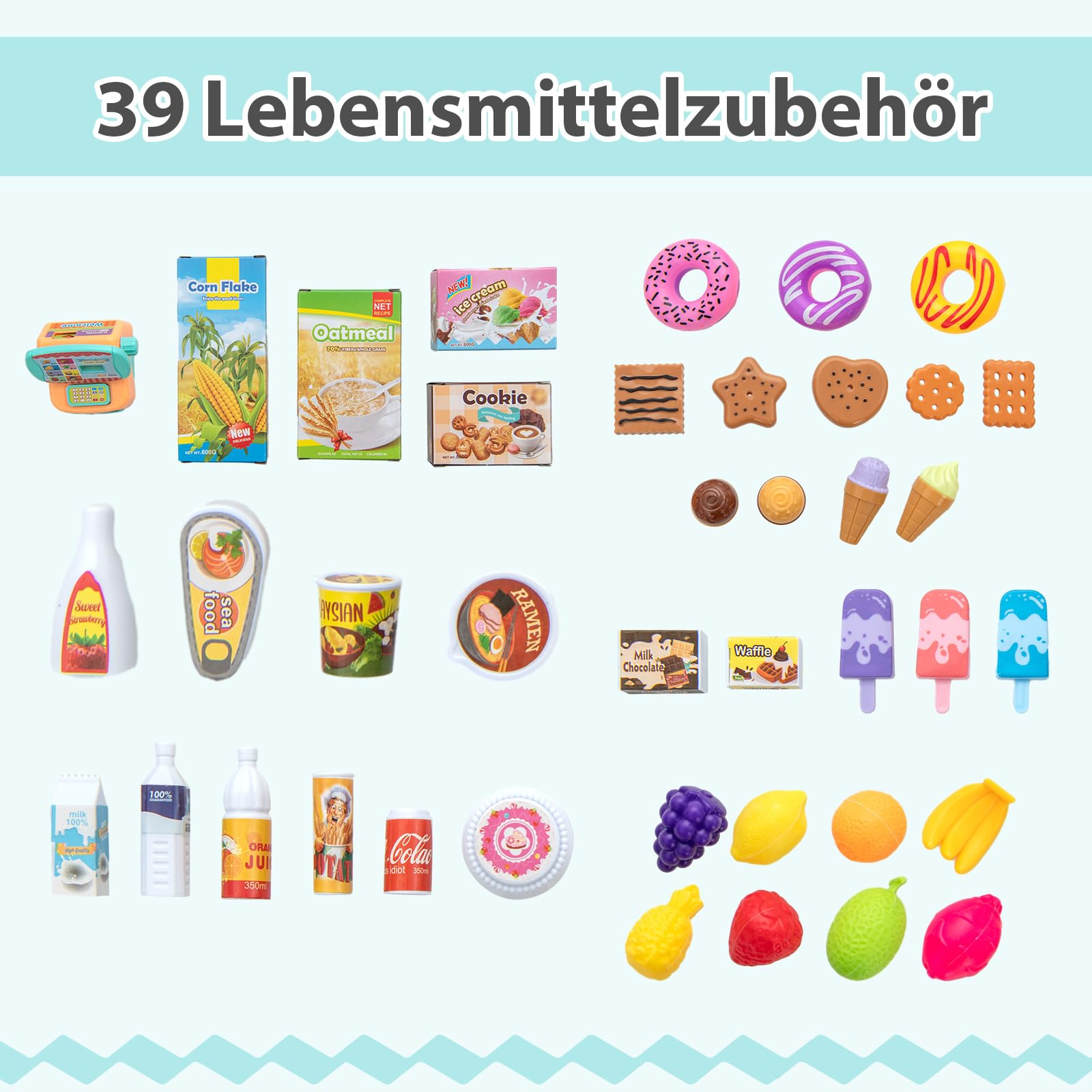 COSTWAY Kaufladen Kinder mit Einkaufswagen, Einkaufsladen Holz mit Kasse & 39 Zubehör & Tafel & LED-Lichter & Fernbedienung, Supermarkt Spielzeug für Kinder ab 3 Jahren