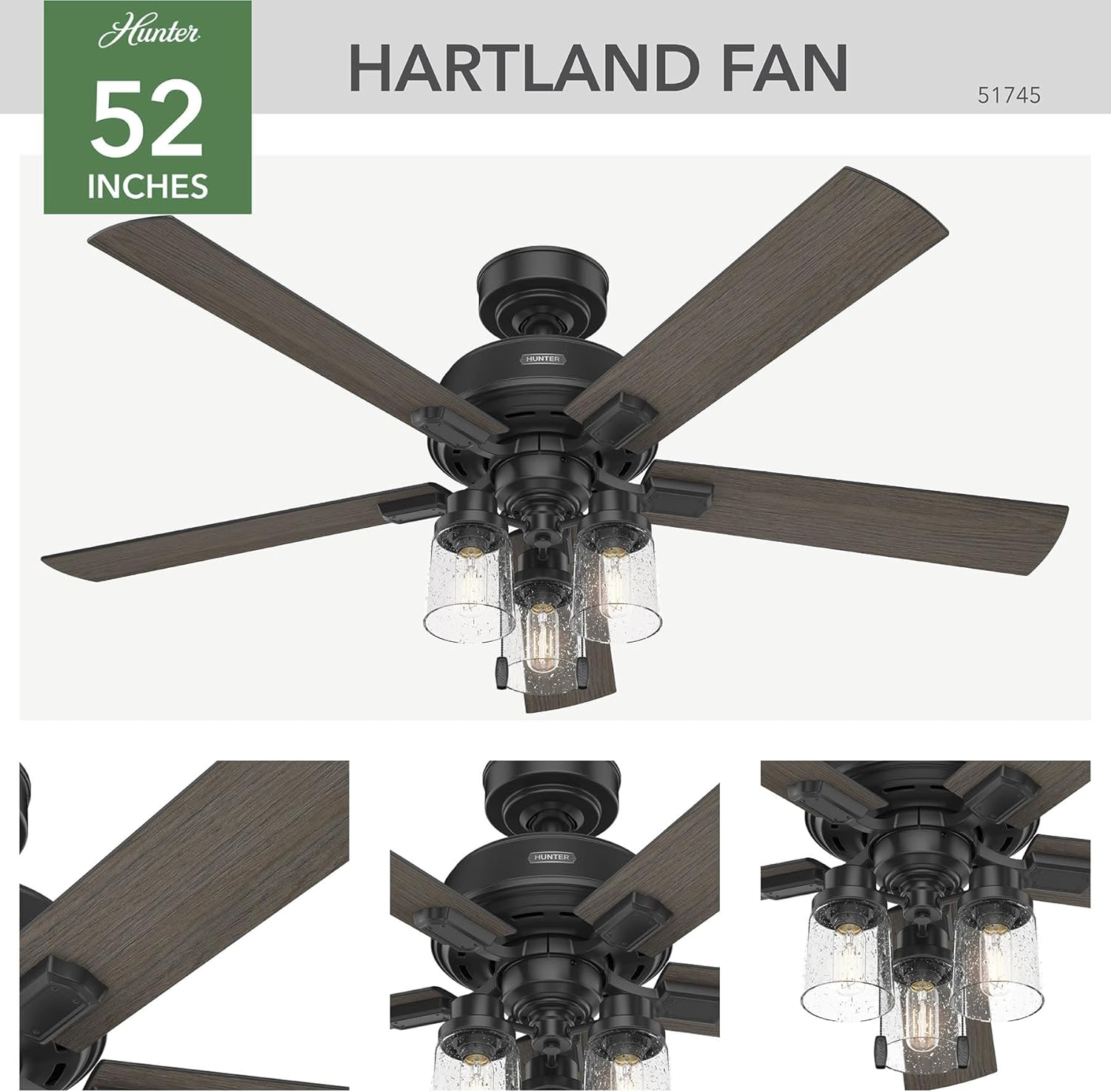 Hunter 52 inch Indoor Ceiling Fan with LED Lights - Black Ceiling Fan with Pull Chain, For Bedroom, Living Room, or Kitchen, Standard Mount, No Remote, 5 Blades - Hartland 51745, Matte Black