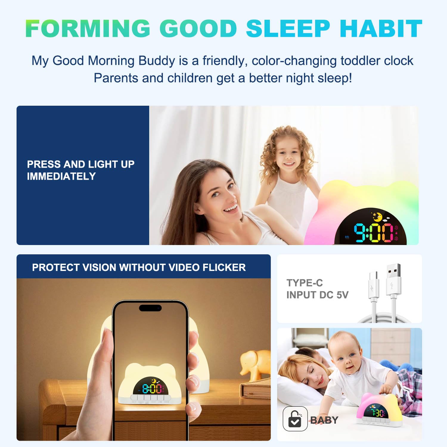 Azyh Sveglia per Bambini, Sveglia Digitale con Luce Notturna a 11 RGB Colori, Regali per Ragazzi e Ragazze, Macchina del Suono del Sonno,Orologio per Comodino, Regalo, Snooze, 2 Allarmi, Cavo USB