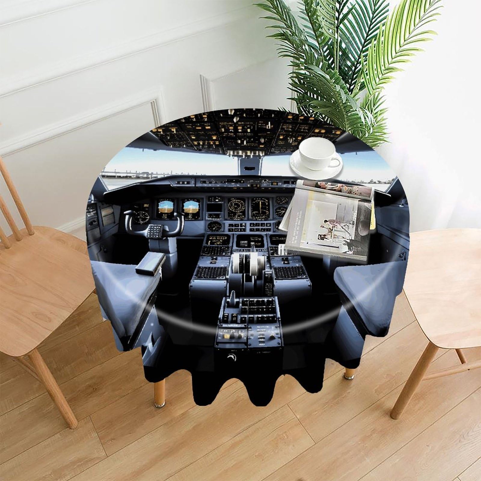 VstaDank Airplane Cockpit Tablecloth Easy to Clean Polyester Round Table Cover Washable Round Table Cloth Wrinkle-Free Circle Decoration Tablecloth for Kitchen Dining Room 60"
