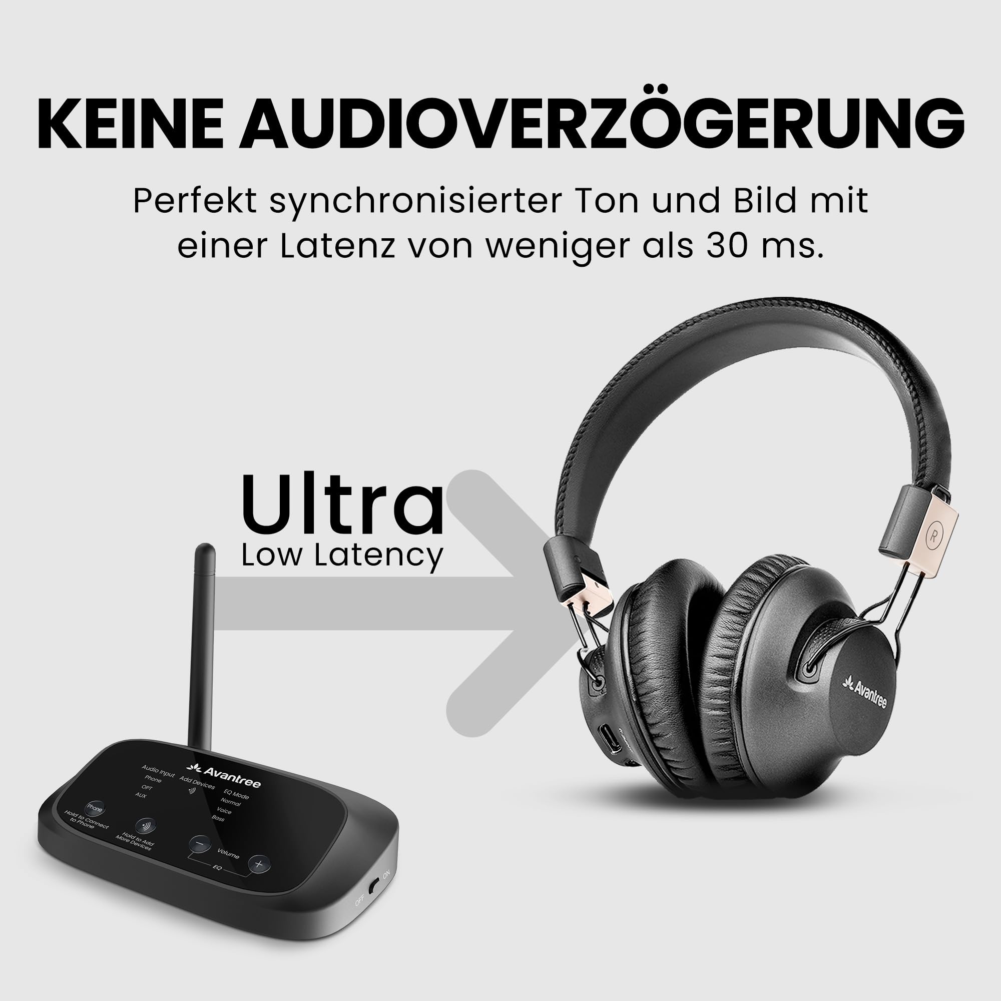 Avantree Quartet 2 – Bluetooth-kompatibles kabelloses Gruppenhörsystem mit Kopfhörern & Sender für Partys, Silent Discos, TV – Mehrere Kopfhörer mit niedriger Latenz & klarem Sound