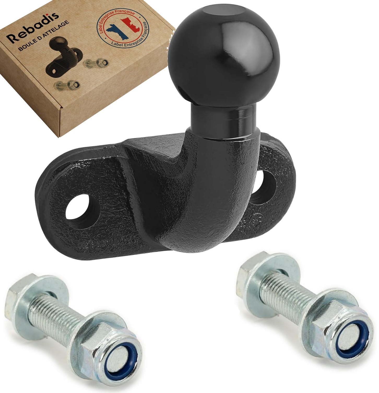 Boule d'attelage équerre A50-X Rotule col de Cygne diam 50mm, Entraxe 90mm, avec visserie, Acier Peint Noir