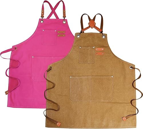 Chef Aprons with Large Pockets for Women Men, Cotton Canvas Cross Back Water Repellent Work Apron with Adjustable Straps for Size M-XXL (Green+Pink)