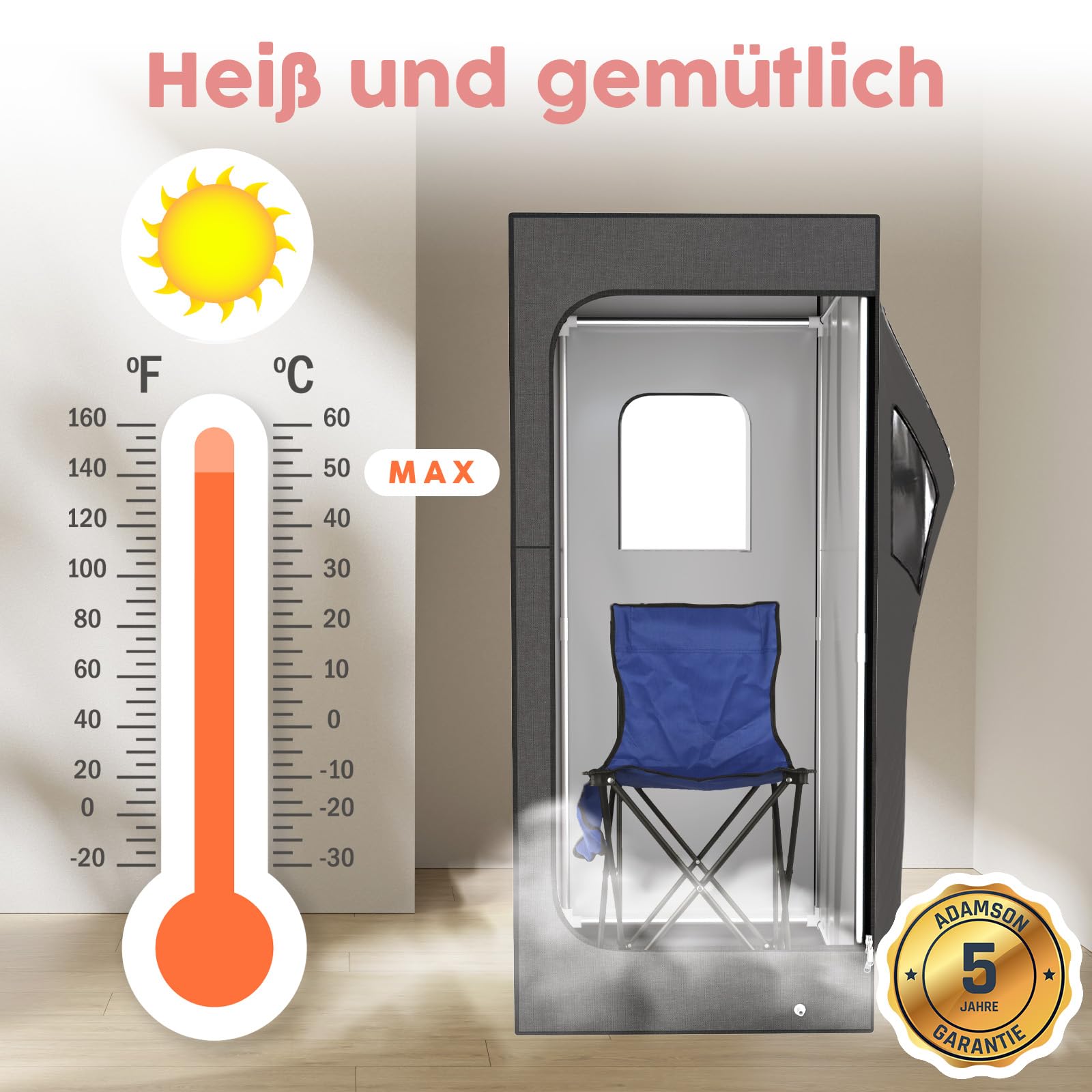 Adamson Sauna Indoor - Tragbare Dampfsauna für zu Hause - Saunazelt für Entspannung im heimischen Spa - 2.6L 1000W Dampfgerät - Stuhl - Fernbedienung - Fußmassagegerät - Nylon schwarz