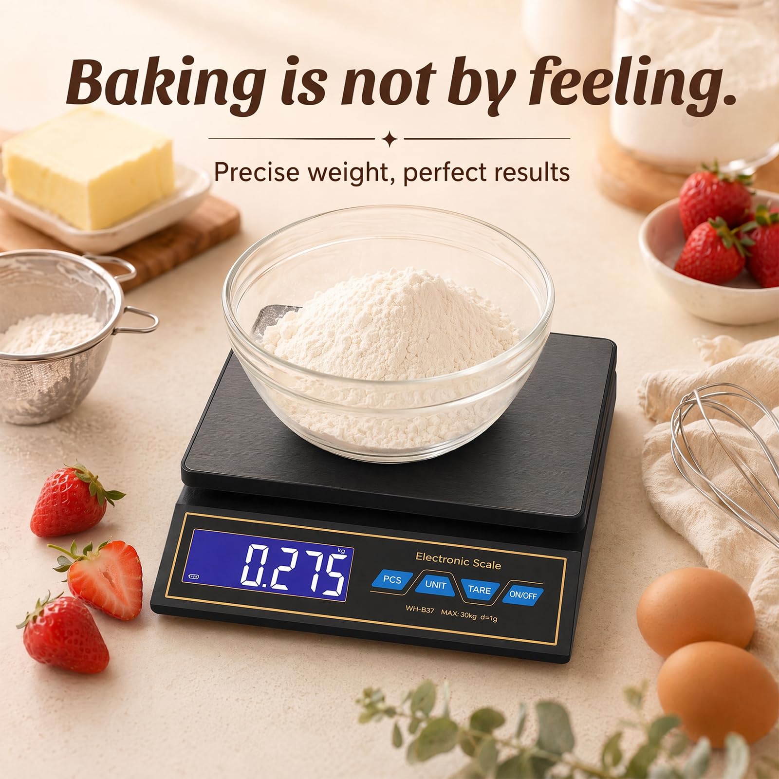 RANJIMA Bilancia da cucina, 30 kg / 66lbs, bilancia digitale in acciaio inox, bilancia per pacchi, bilancia di precisione da 1 g, per la misurazione di carne, salsicce, caffè con LCD, funzione di