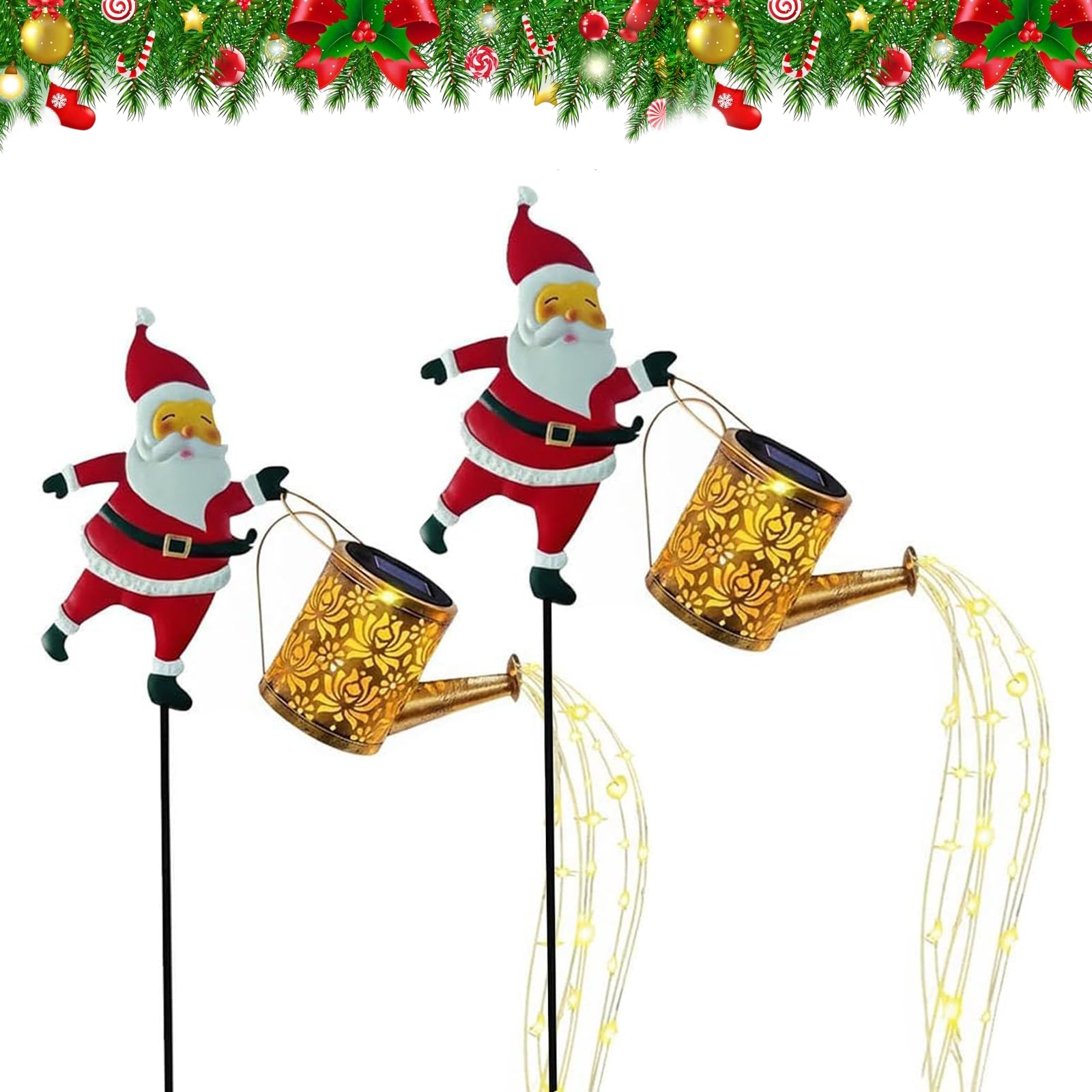 Kouamor 86cm White/Colorful Christmas Santa Solar Lights, Christmas Santa with Kettle Solar Lights, Garden Lawn Decorative Lights, for Patio Lawn Xmas Decor Courtyard Walkway (White*2)