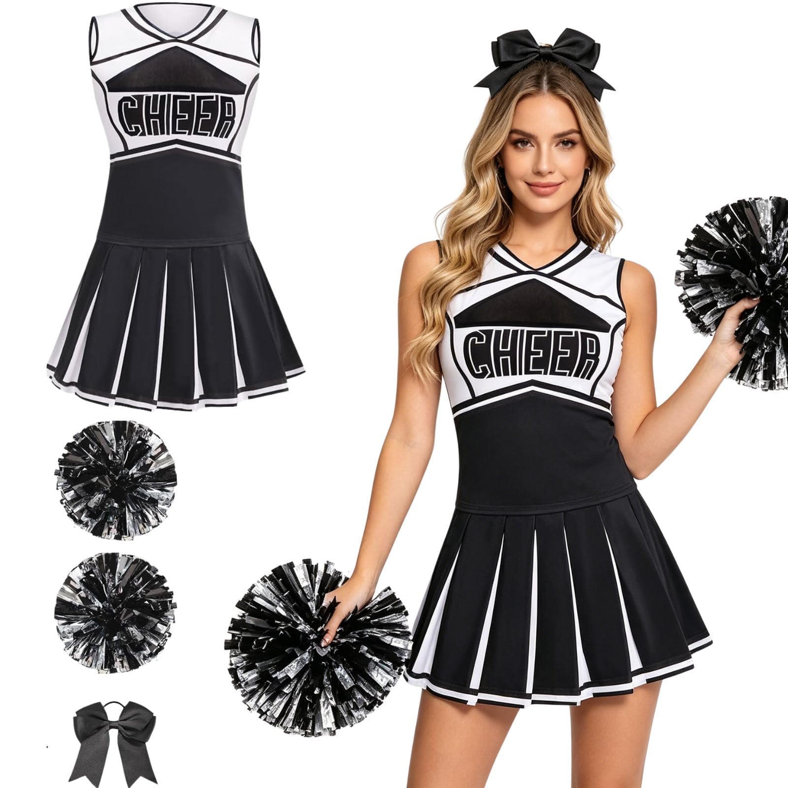 HAPNBCELE Womens Cheerleader Costume, Sleeveless Cheer Uniform with Pom Poms Cheerleading Outfit Halloween Sports Events (Black, S)