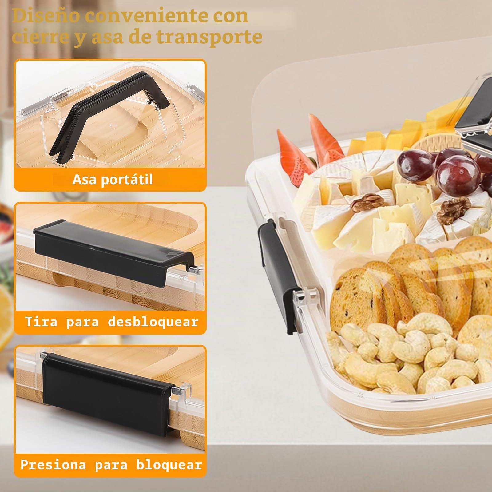 Tefola Bandeja para servir dividida, organizador portátil, 5 compartimentos, tabla con tapa transparente y asa, caja de aperitivos, organizador de charcutería y platos de aperitivos a prueba de fugas
