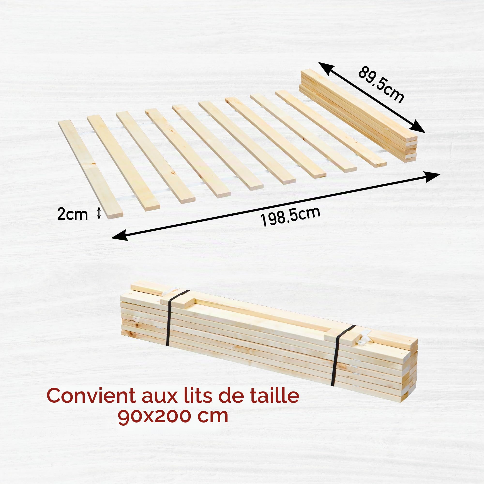 Inter Link - Sommier à Lattes 90 x 200- Sommier à Lattes sur rouleau - Lattes pour Lit 1 Personne - Pin Massif - Naturel - LxPxH : 200x90x2 cm