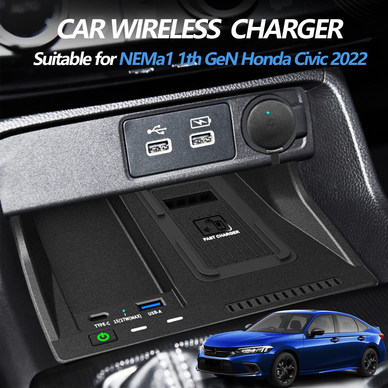 Bezprzewodowa ładowarka samochodowa kompatybilna z Honda Civic Hatchback Si Coupe typ R 2022 panel organizera konsoli środkowej, 15 W Qi szybkie ładowanie