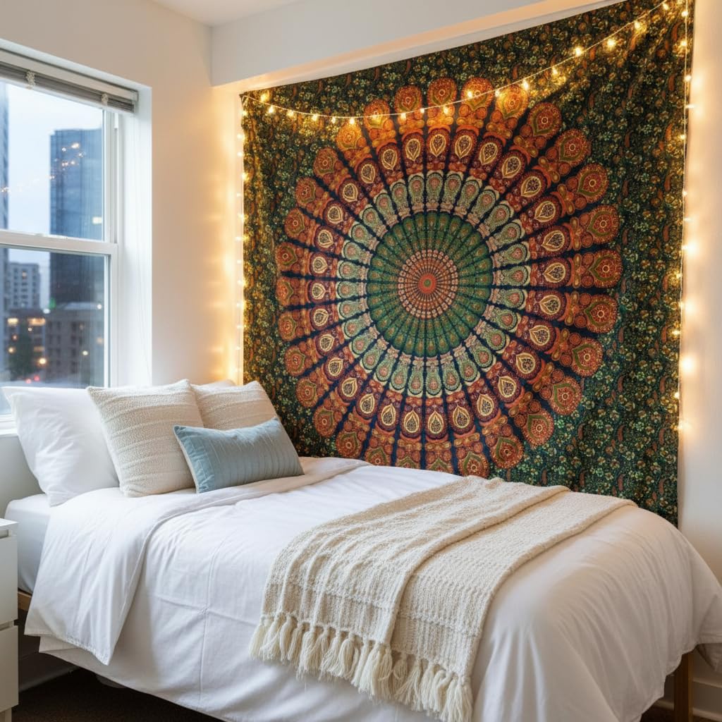 Peacock Mandala Tapestry - Navy Blue Cotton Wall Hanging -27