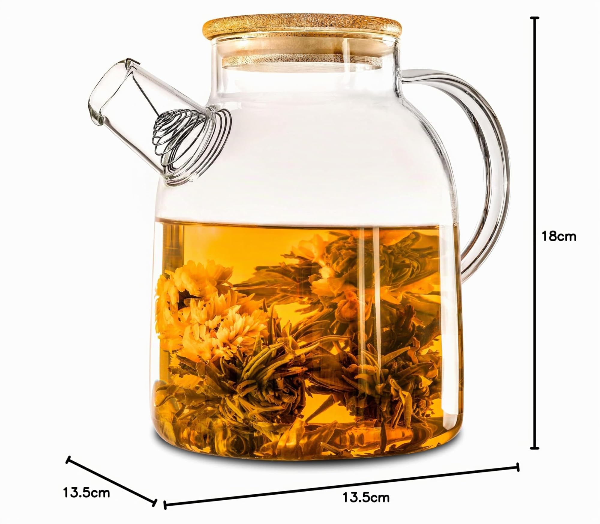 Cosumy Caraffa Vetro 1,5 Litri con Tappo in Bambù - Filtro nel Beccuccio - Brocca per Acqua e Tè - Lavabile in Lavastoviglie
