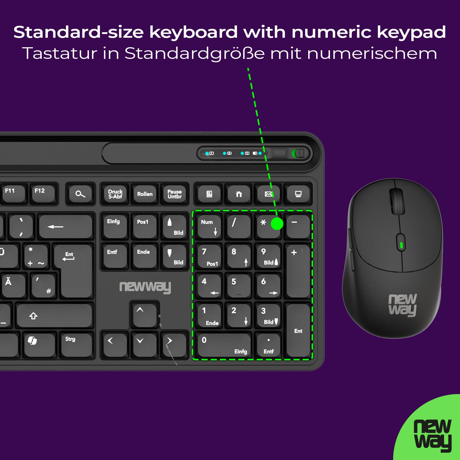 NEWWAY NKMP252 – Teclado inalámbrico ratón Set 2,4 GHz – QWERTZ alemán – teclas silenciosas, 14 teclas multimedia, ratón ergonómico ligero de 6 botones, alfombrilla de ratón incluida, batería de larga