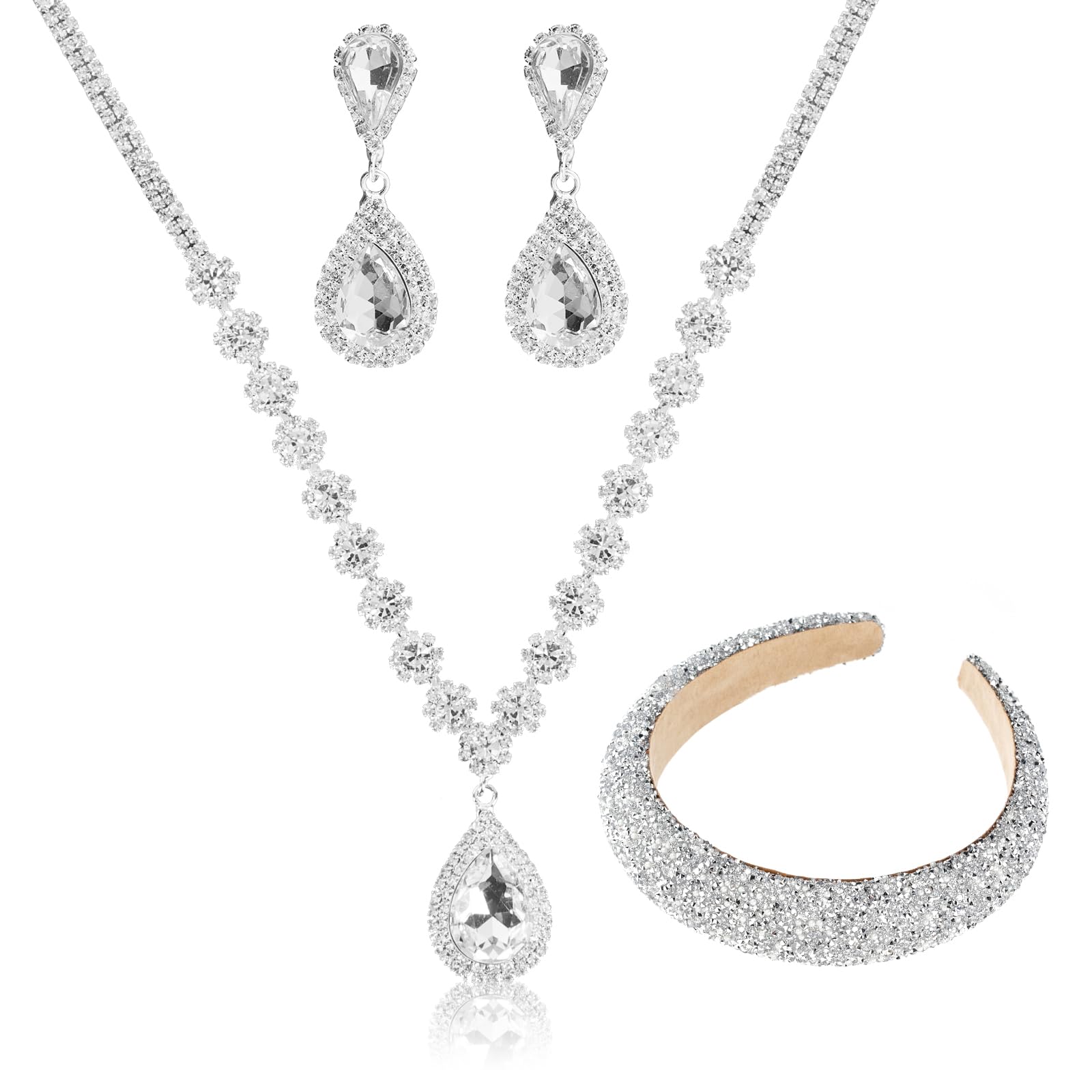 Dadabig 3 Piezas Juegos de Joyas para Bodas, Conjunto Joyas Mujer, Collar de Diamantes de Imitación, Diadema Mujer con Perlas, Pendientes lágrima, Accesorios de Traje de Boda, Plateado