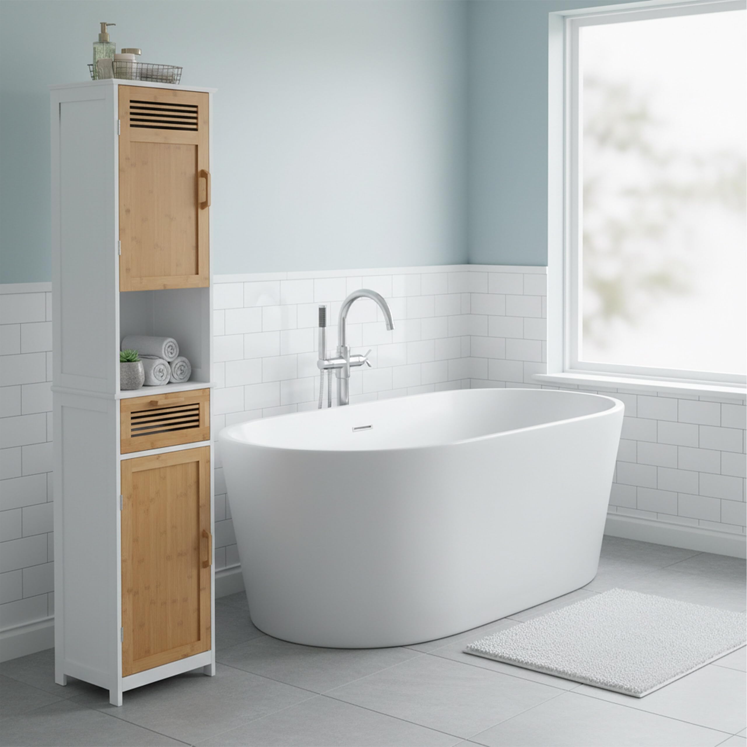 Relaxdays Armoire Haute Salle de Bain, 2 Portes 1 Tiroir, Colonne SDB HxLxP: env. 180x39x30 cm, Bois Bambou Blanc-Nature