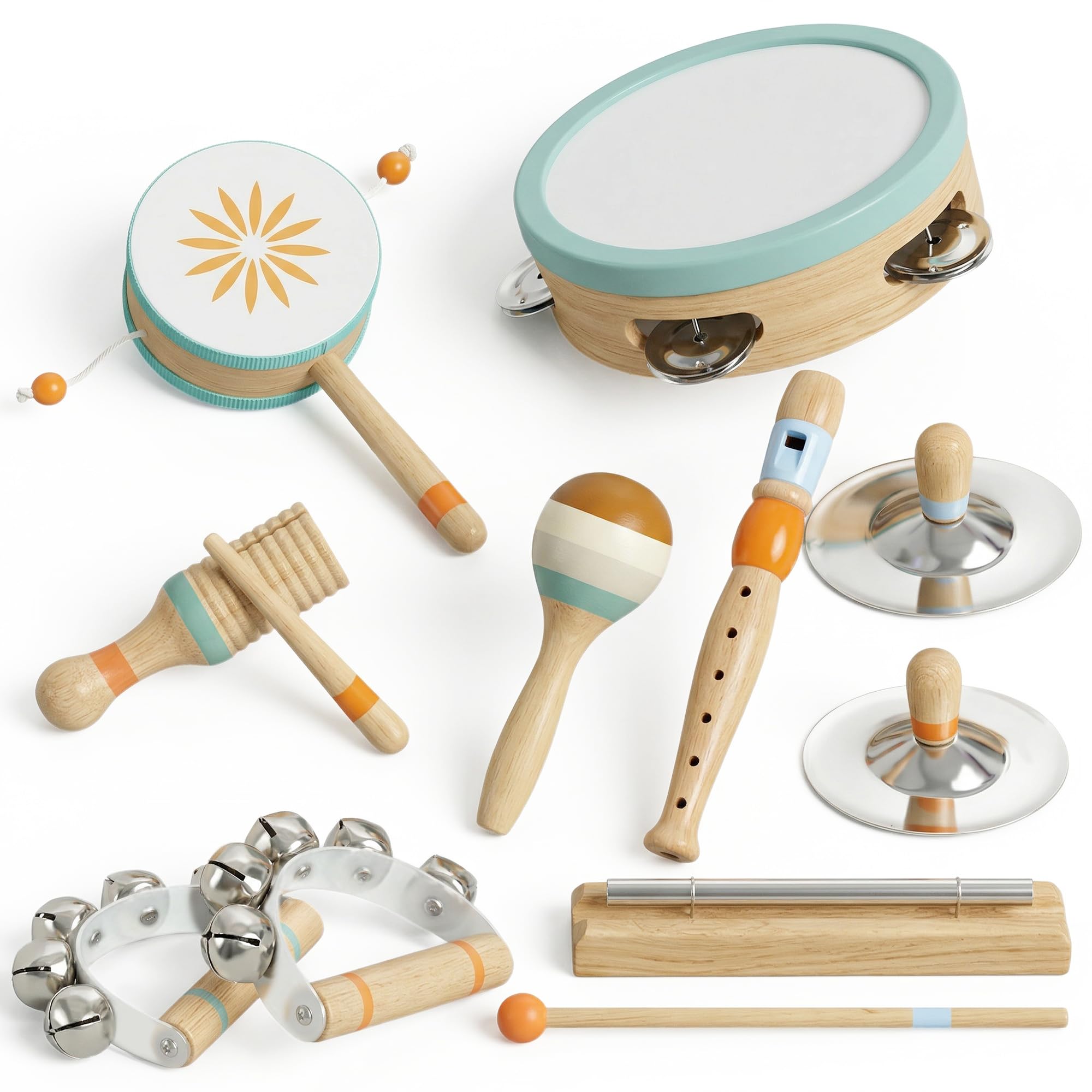 AIYAPLAY Instrumentos Musicales Infantiles 10 Piezas Madera Montessori | Set de Percusión con Pandereta y Maracas, Regalo para Niños y Niñas de+ 3 Años, para Cumpleaños