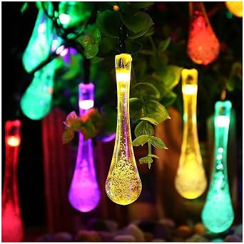 Camidy Solar Water Drop String Lights 21ft 30 LED Solar Powered String Lights with 8 Modes, Outdoor Waterproof Solar Teardrop Lights for Gardens Patio Yard Tree Party Holiday Decor