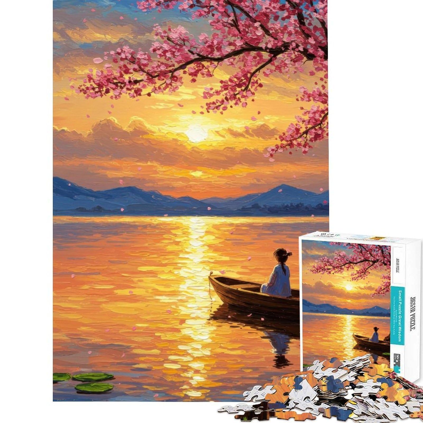 Jigsaw Puzzle 1000 Piece for Adults Sunset Serenity︰ Girl in Boat Painting Puzzles for Adults Family Game For Family Fun for Birthday, Chrismas (Size 75x50cm)