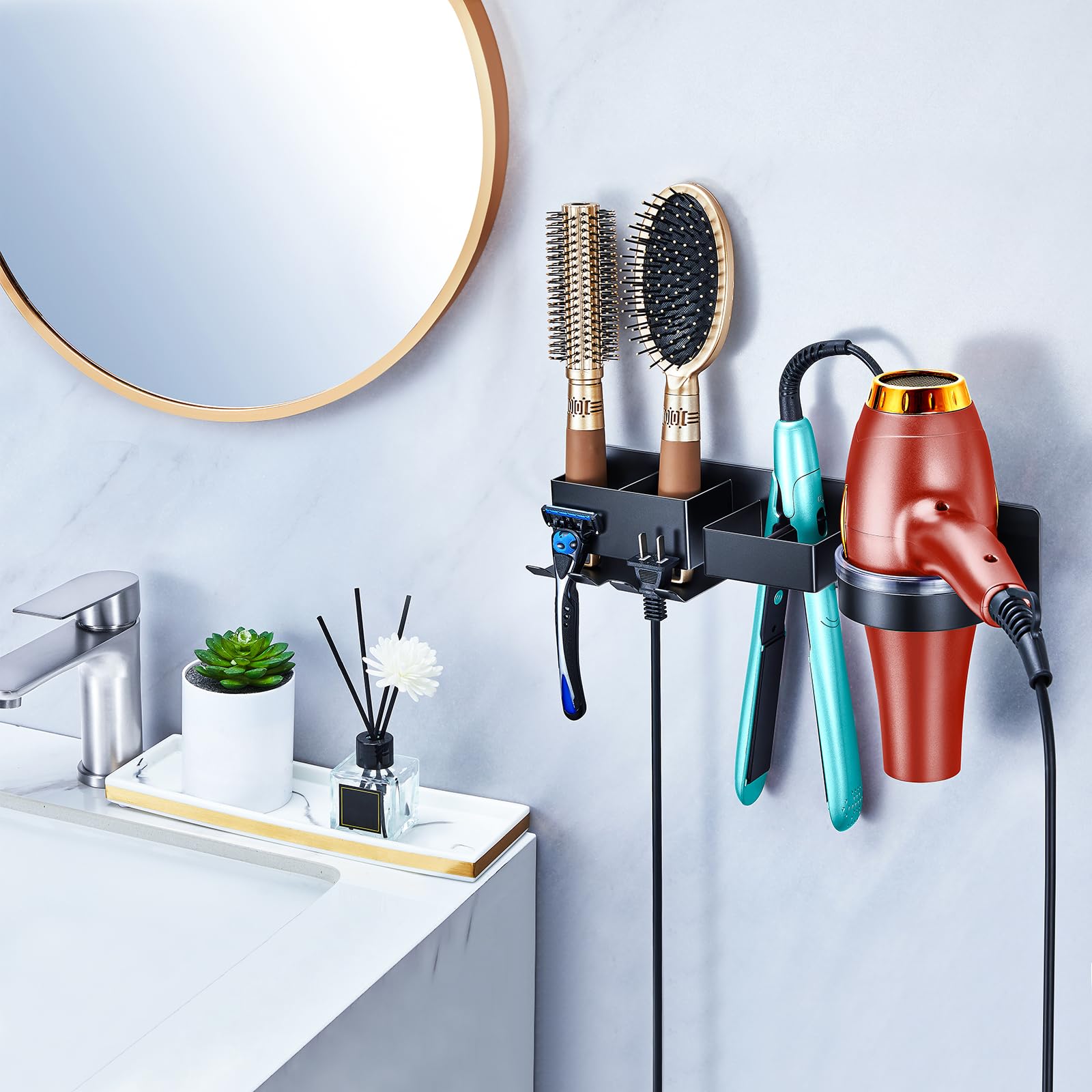 Supporto Per Asciugacapelli 7 In 1 Senza Foratura – In Acciaio Inox Con Adesivo 3M – Organizer Da Parete Per Bagno E Casa - 4