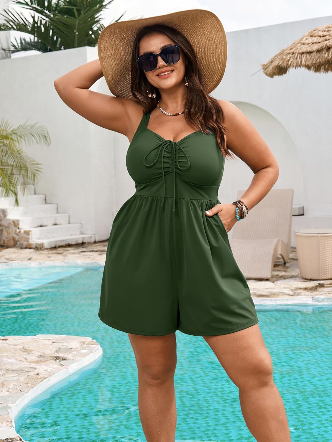 SCOMCHIC Plus Size Swim Romper One Piece Swimsuit Women Bathing Suit with Pockets Modest Swimwear with Shorts - Image 7