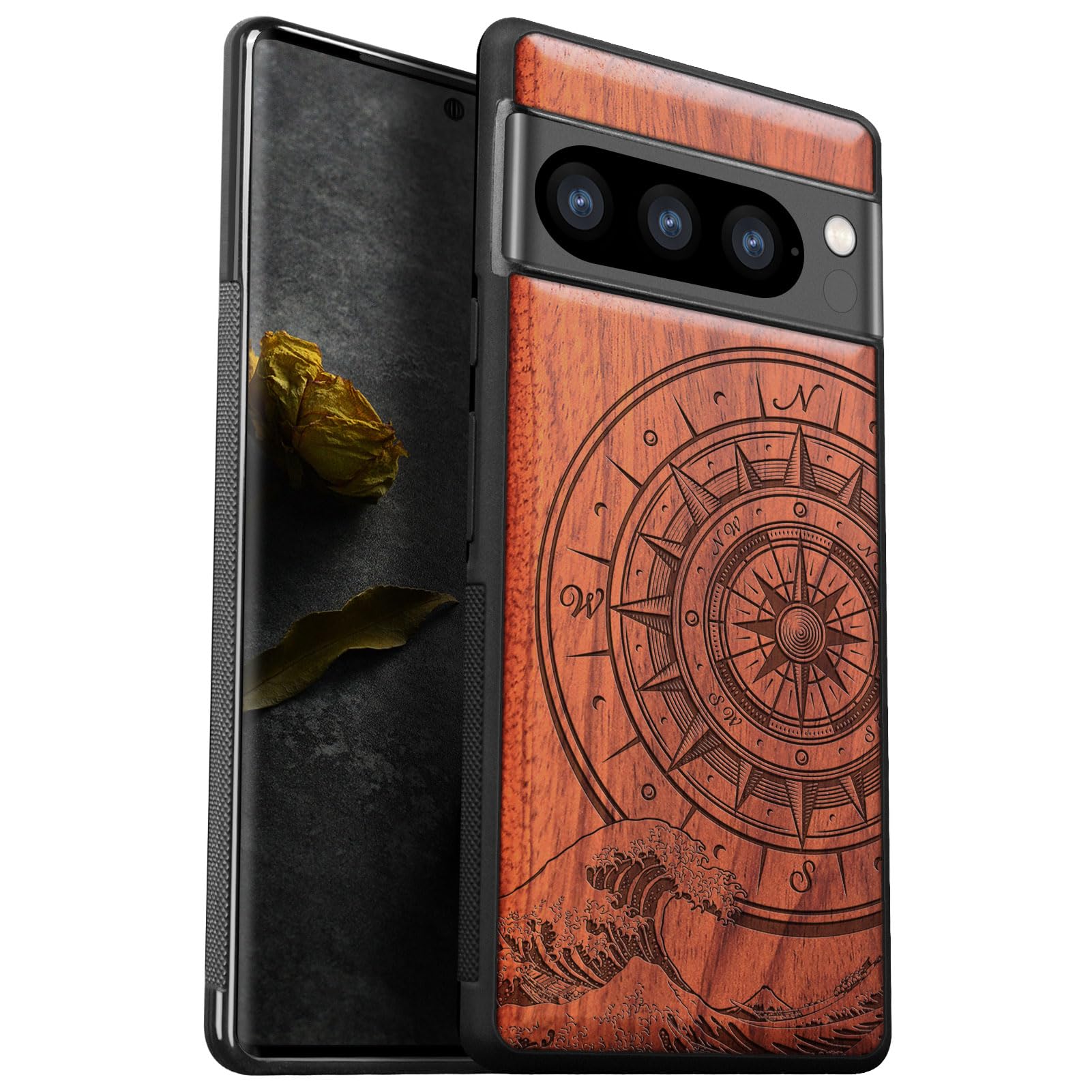 Custodia Carveit In Legno Per Google Pixel 8 Pro, Motivo Tigre E Fiori, Antiurto Con Doppio Strato TPU, Ricarica Wireless