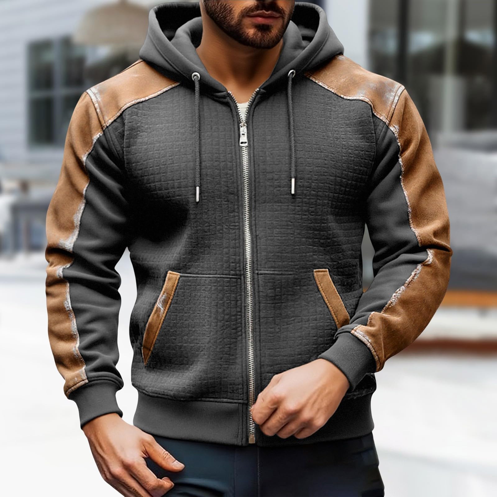 Felpa con cappuccio da uomo in finta pelle patchwork capispalla | Felpa con cappuccio con zip da uomo UK design patchwork a contrasto Comfort Fit uso quotidiano regolabile con coulisse