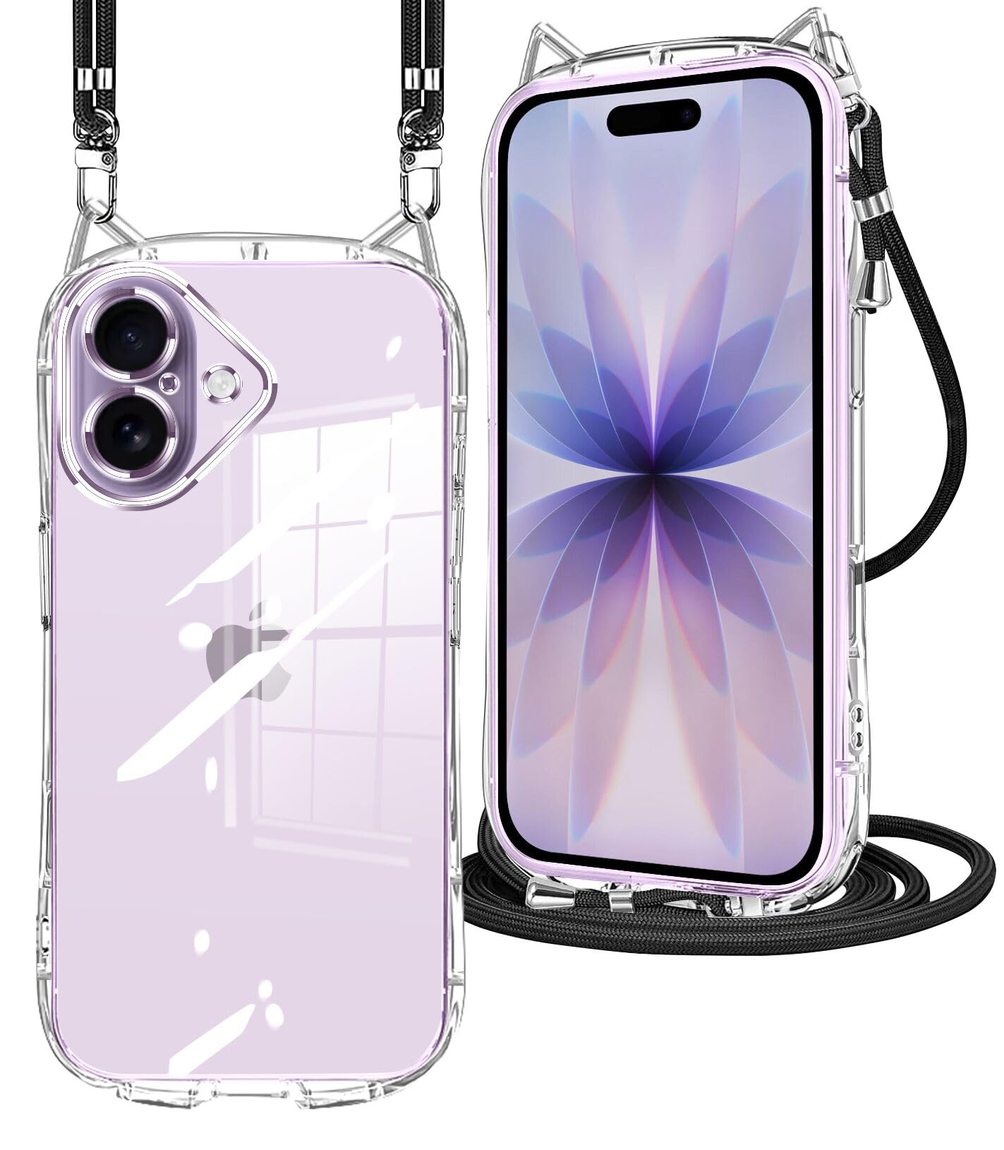 tuulaasii For iPhone 17 用 ケース 猫耳 mimi クリア 透明 ショルダー 調節可能 肩がけ 首掛け 紐付き 斜めがけ いphone 17 カバー アイフォン 17 スマホケース 可愛い おしゃれ シンプル 韓国 シリコン TPU ストラップ付き 耐衝撃 傷防止 全面保護