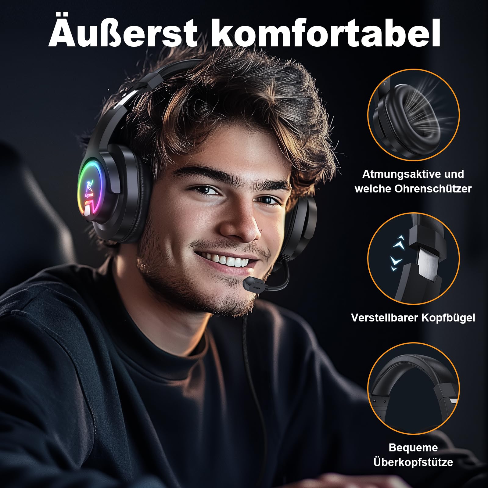 Krysenix PG3 Wired Gaming Headset für PS4, PS5, PC, Xbox, Switch, Gaming Kopfhörer mit Noise Cancelling Mikrofon, 3.5mm Klinke, Surround Sound, Headset mit LED Licht, Tintenschwarz