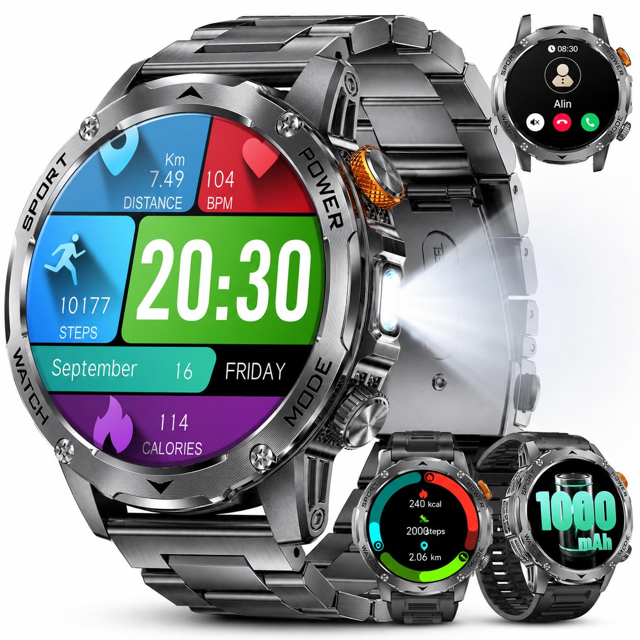 Montre Connectée Homme avec 1000mAh/1.75" Grand Écran/LED Lampe/3 Bracelets,5ATM Étanche Smartwatch Homme avec Appel Bluetooth,24H Fréquence Cardiaque/Sommeil/Podomètre Android iOS Carbone Mat