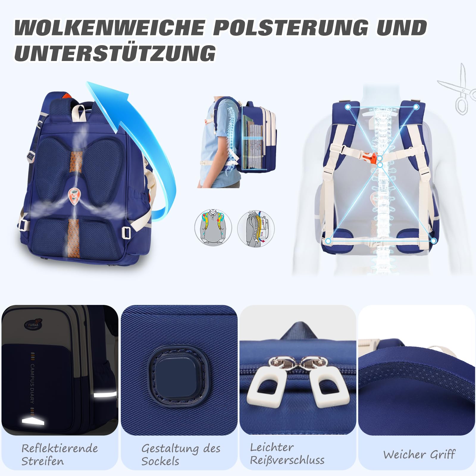 FANDARE Ergonomischer Schulrucksack Mädchen Junge – Wasserdichter Schulranzen mit Vielen Fächern Leichte Schultasche Reflektierender Rucksack mit Brustgurt für die Grundschule Rosa