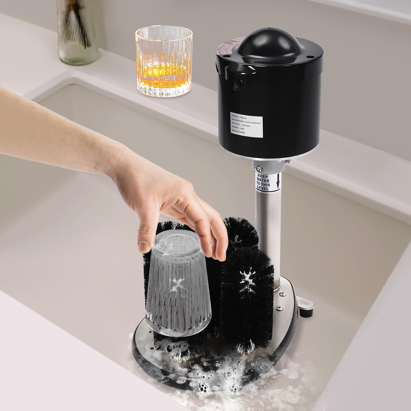 Electric Cup Washer,Stainless Steel Glass Washer Cup Rinser Glass Polisher Sink Cup Washer with 5 Cup Brushes,Countertop Commercial Glasses Washing Machine for Bars Restaurants (Silver,Black)