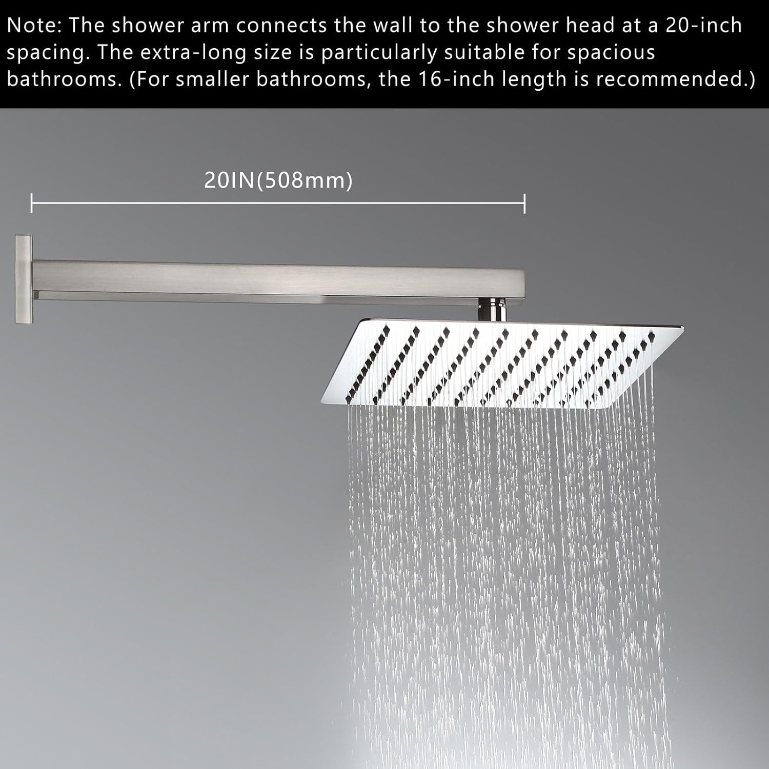 voolan 20" square shower arm with flange and teflon tape, extension shower head arm for bathroom fixed shower head, solid stainless steel, wall mounted (brushed nickel) brushed nickel 20 inch