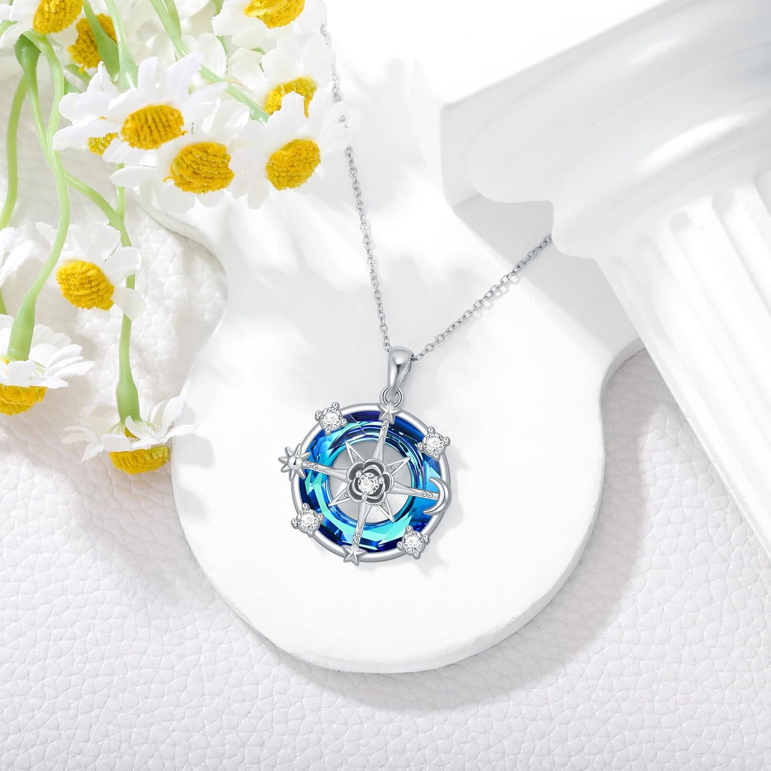 Compass Necklace for Women Rose Flower Necklace for Women 925 Sterling Silver Sun Moon Star Necklace Opal Pendant Necklace Crystal Compass Jewelry Gifts