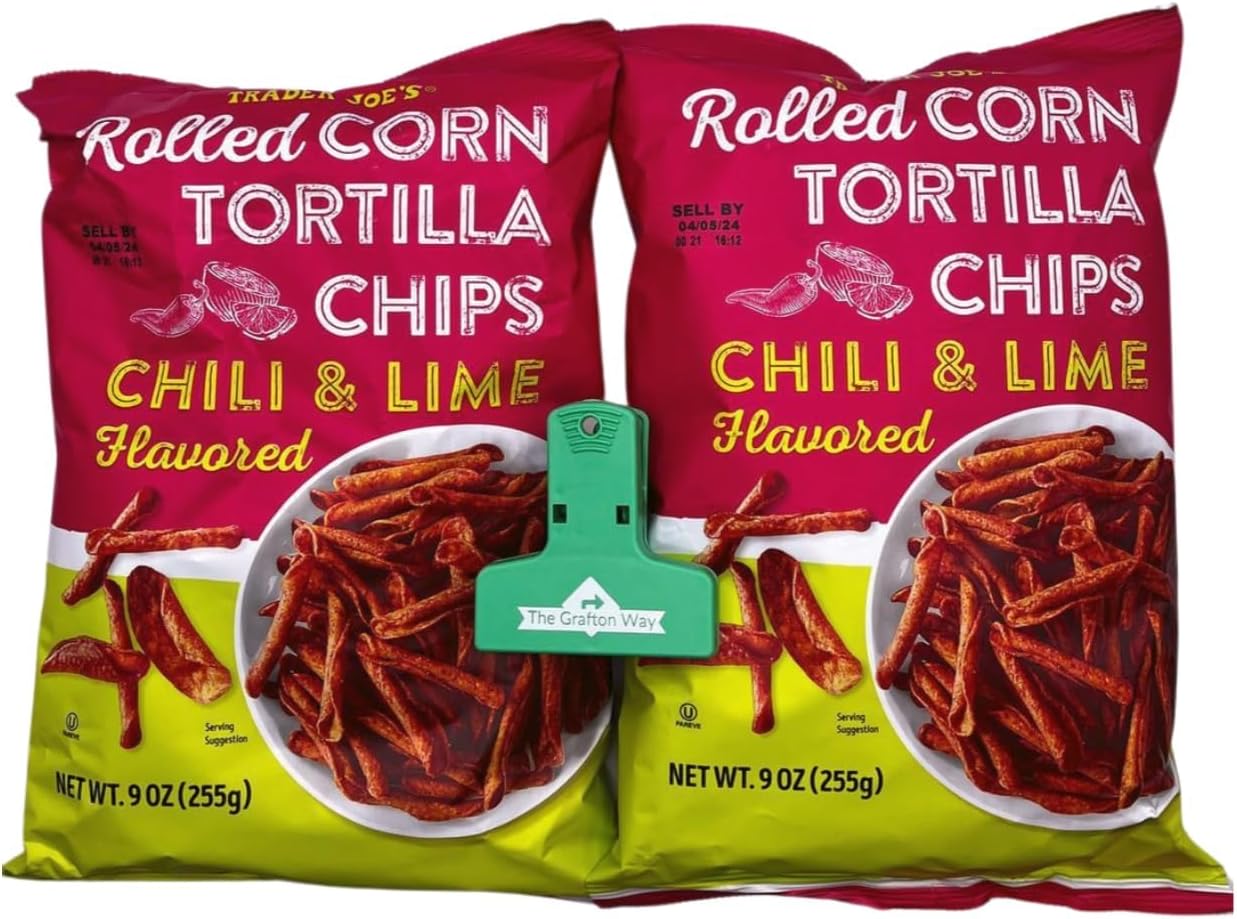Trader Joe's Rolled Corn Tortilla Chips Chili & Lime Flavored with Grafton Way Chip Clip (2 Pack)