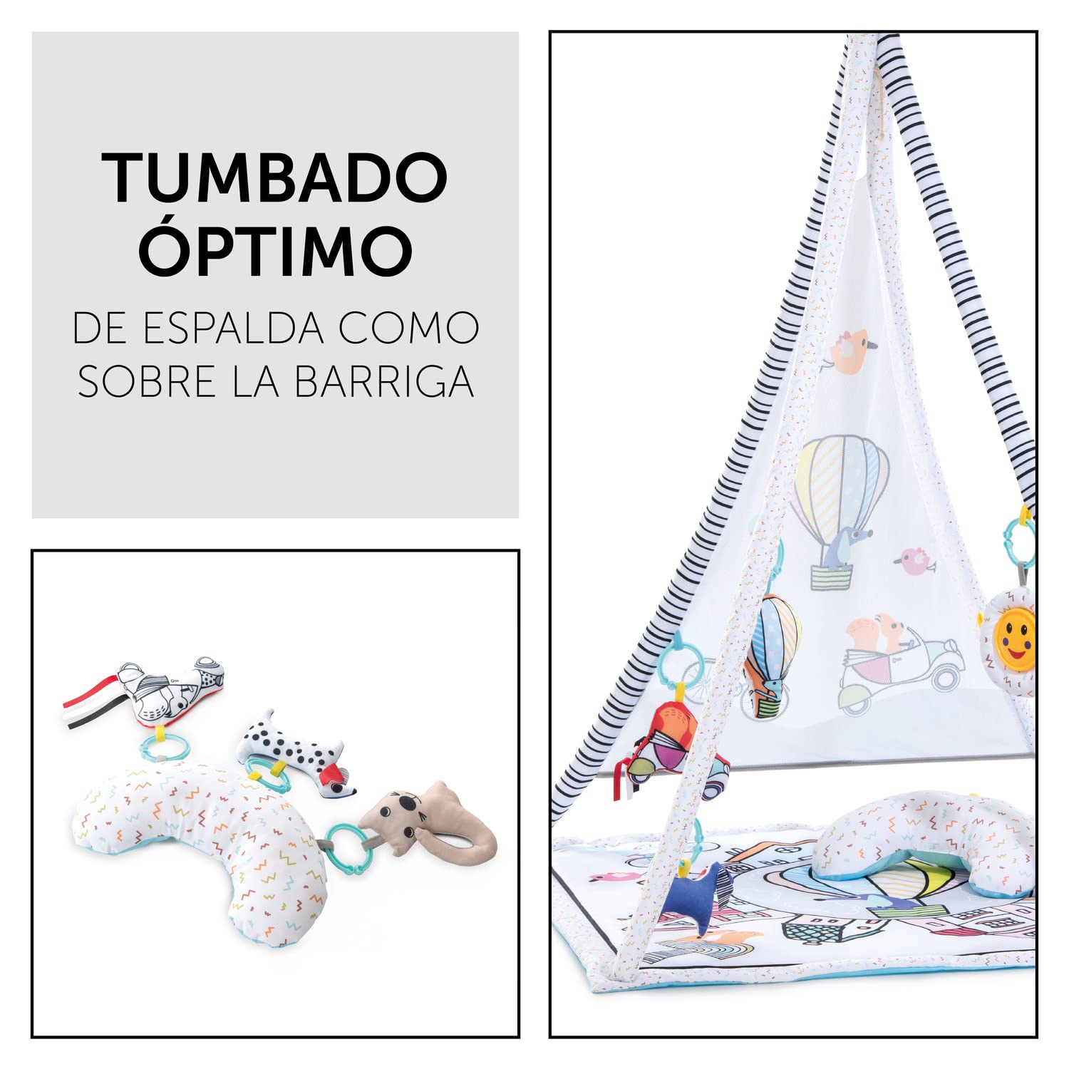 hauck Baby Play 1st Tent Gimnasio Bebe, con Colchoneta, Desde el Nacimiento, Arco de Juego Extraíble, Manta de Actividades, 5 Juguetes Sensoriales, Cojín de Media Luna, Balloon Ride White