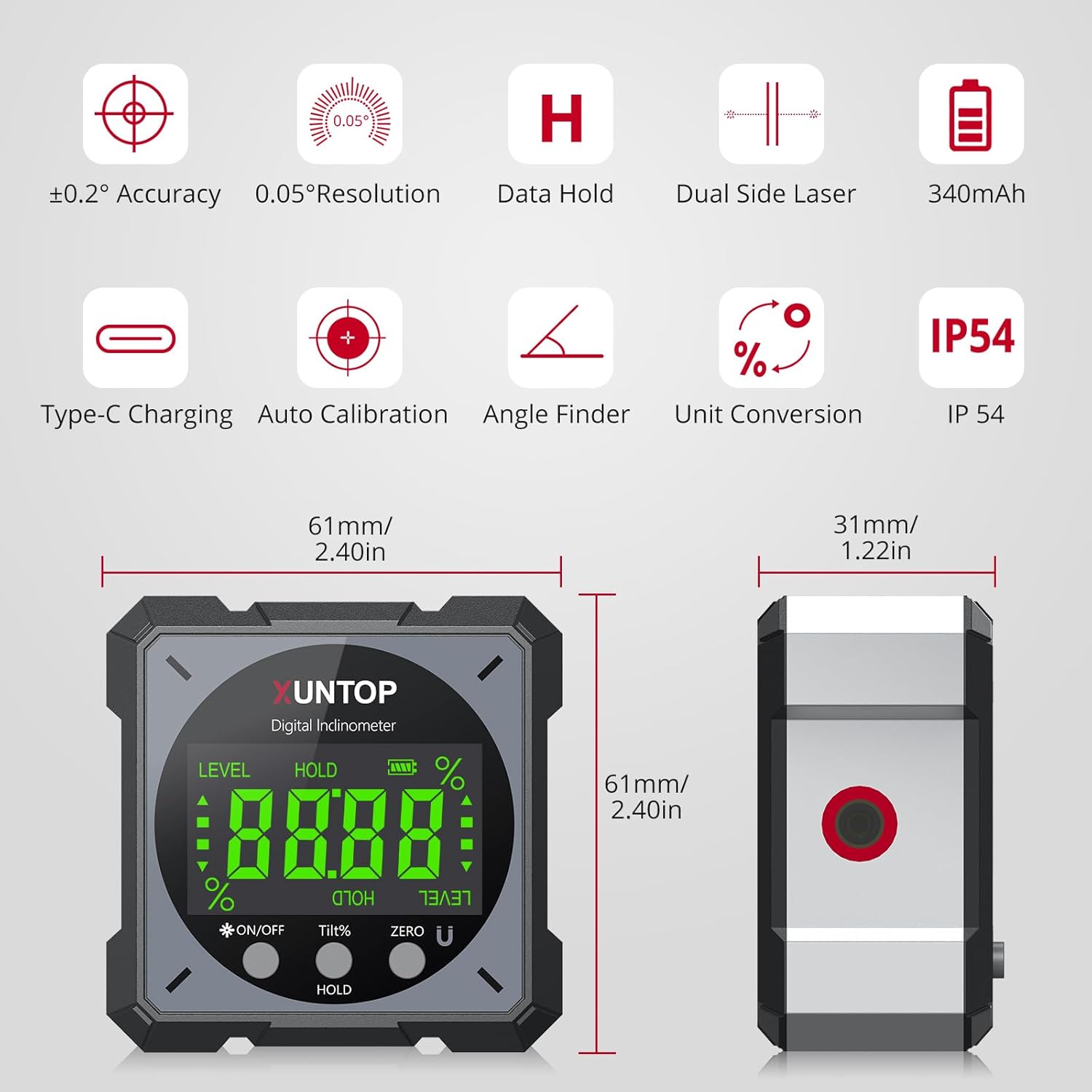 USB Charging Digital Level Box Angle Finder with Laser (Class 2, <1mW Output), 4-Side Strong Magnetic Angle Gauge IP54 Waterproof Inclinometer Level, Saving Effort Hanging Decorations-Gray