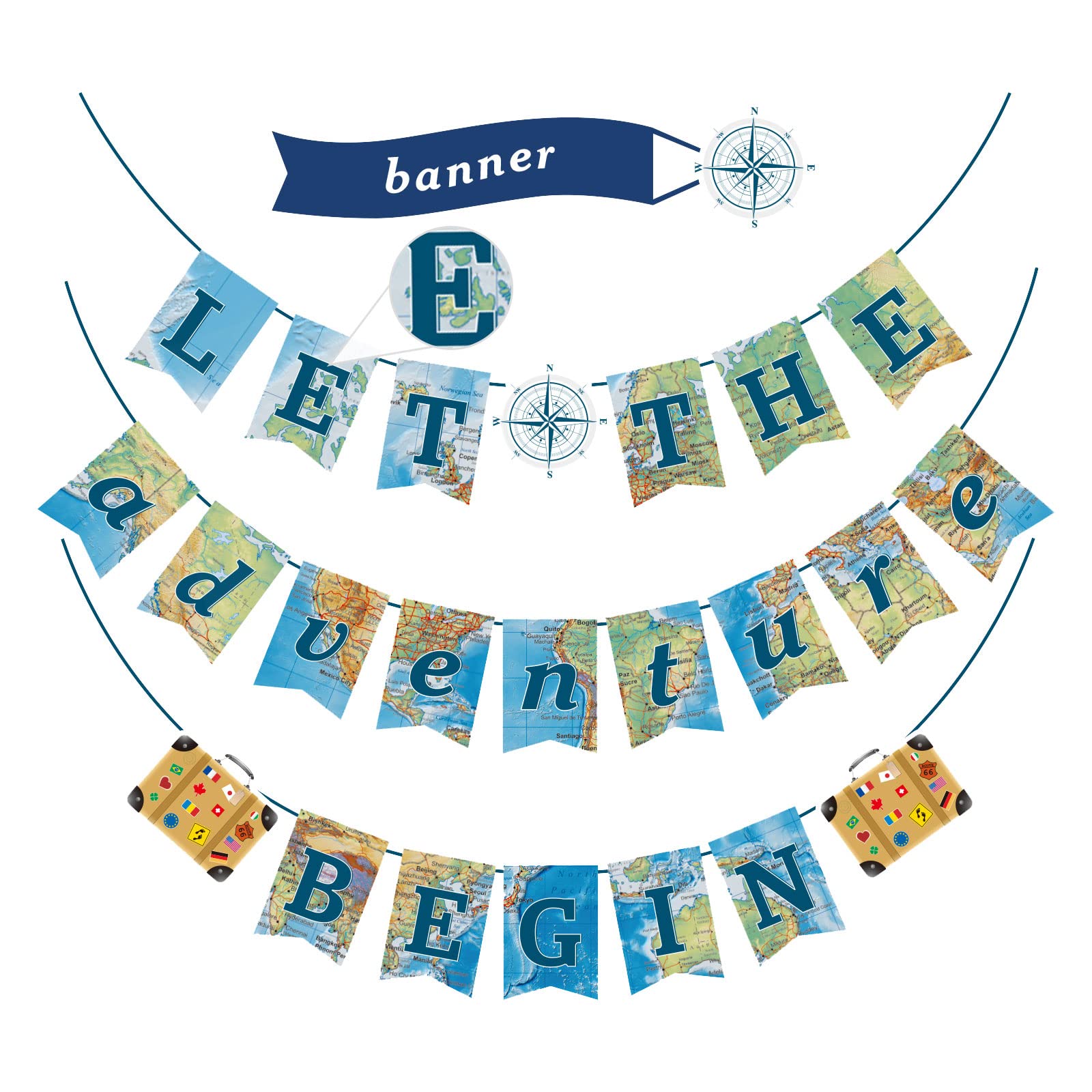 TSHAOUN 3 Pcs Bon Voyage Party Decorations World Map Pennant, Party Decor,Let The Adventure Begin Bunting Banner,school leavers banner,for Going Away Farewell Travel Themed Party Decor (3 Pcs)