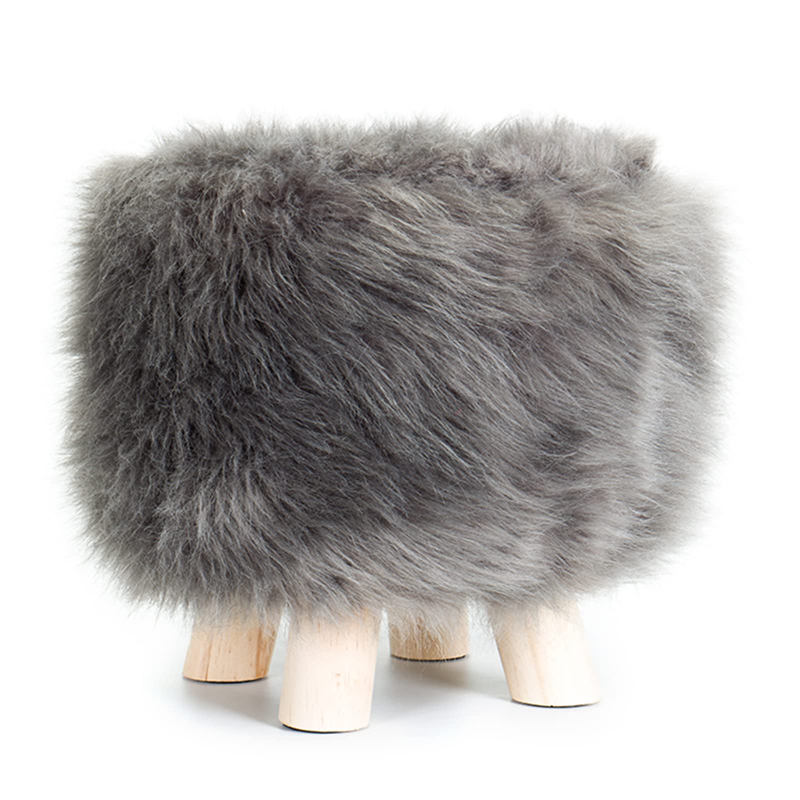 Tabouret rond en fausse fourrure gris pouf de salon et repose-pieds en bois