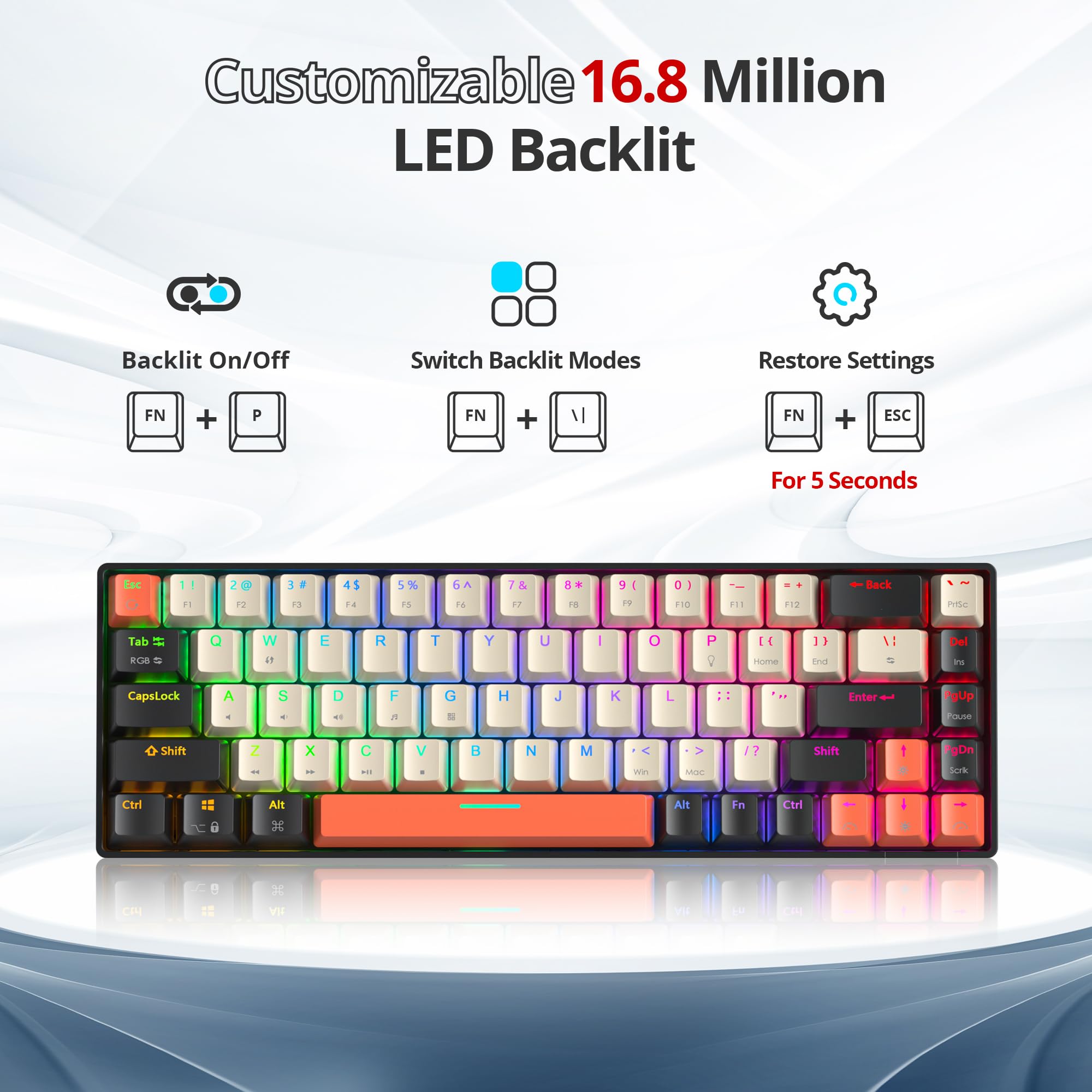 60% Tastiera da Gioco Meccanica, 68 Tasti Compatto Tastiera Gaming 65 Percento TKL Retroilluminata RGB, Anti-ghosting, Layout QWERTY Americana per PC, Mac, PS4