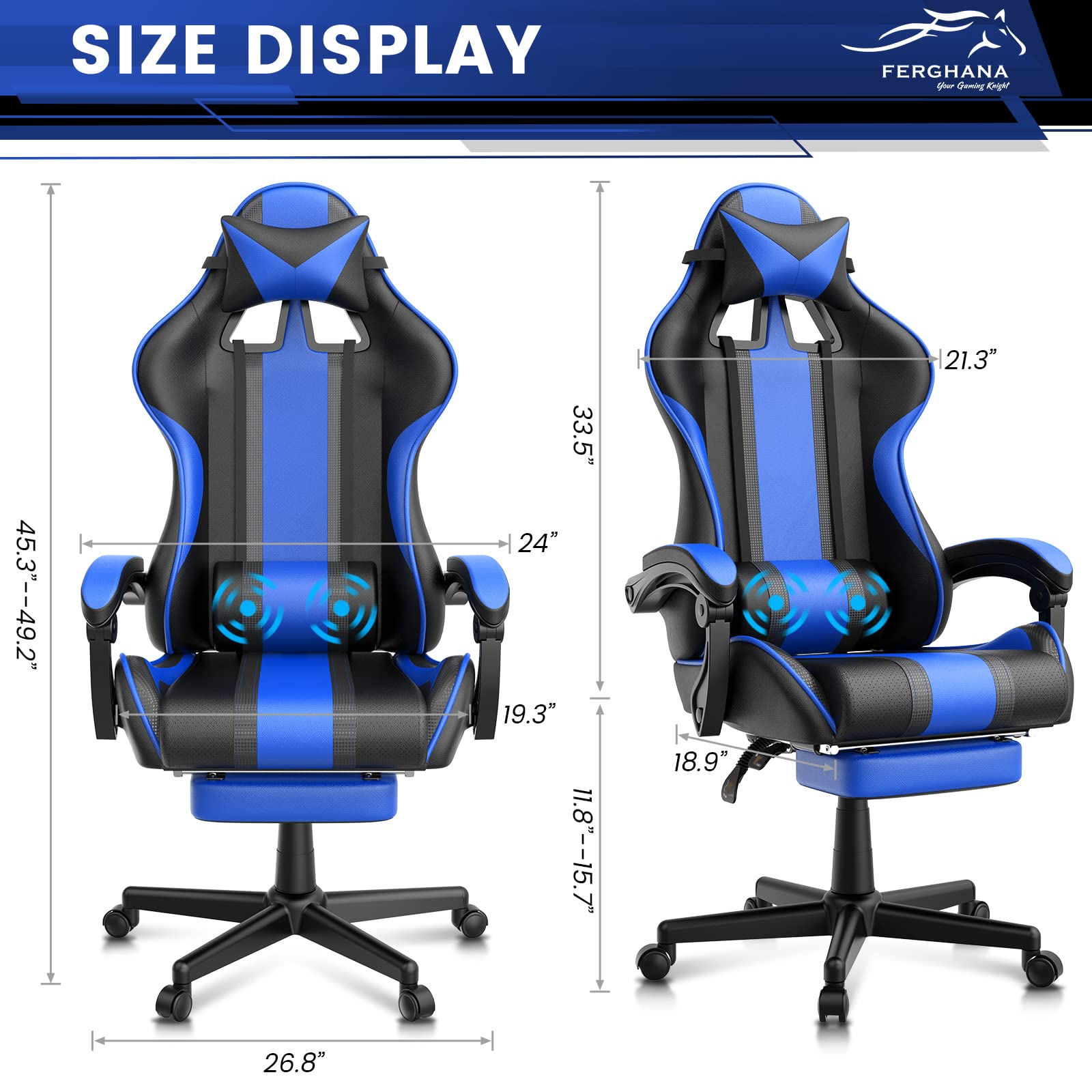Ferghana Ergonomiczne krzesło do gier z masażem wyścigowym Fotel dla graczy i podnóżek Krzesła do gier Biuro Gaming Fotel Gamer Gamer z zagłówkiem Fotel do gier Reclinable Szary