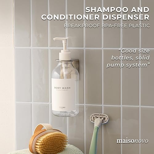 Vista 66 de MaisoNovo Dispensador de champú y acondicionador, dispensador de jabón de ducha montado en la pared, juego de 3 botellas de plástico transparente