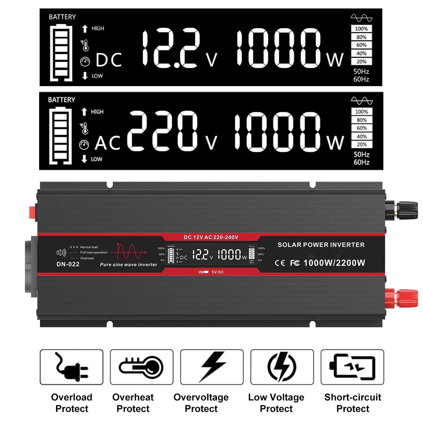 Convertisseur Tension Pur Sinus Onduleur pour Voiture 12 V À 230 V Convertisseur Sinusoïdal Pur 220 V À 12 V Puissance Crête 1500 W Écran LCD Interface USB