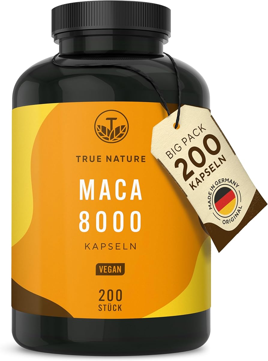 Maca Kapseln Gold 20:1 hochdosiert - 8000 mg PRO Kapsel (200 Stück) Premium Maca Extrakt - Vegan, Deutsche Produktion - TRUE NATURE®